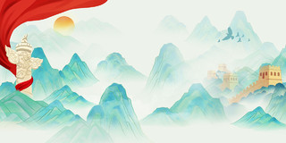 绿色红色飘带水墨山水长城中国风简约古典国潮党建展板背景